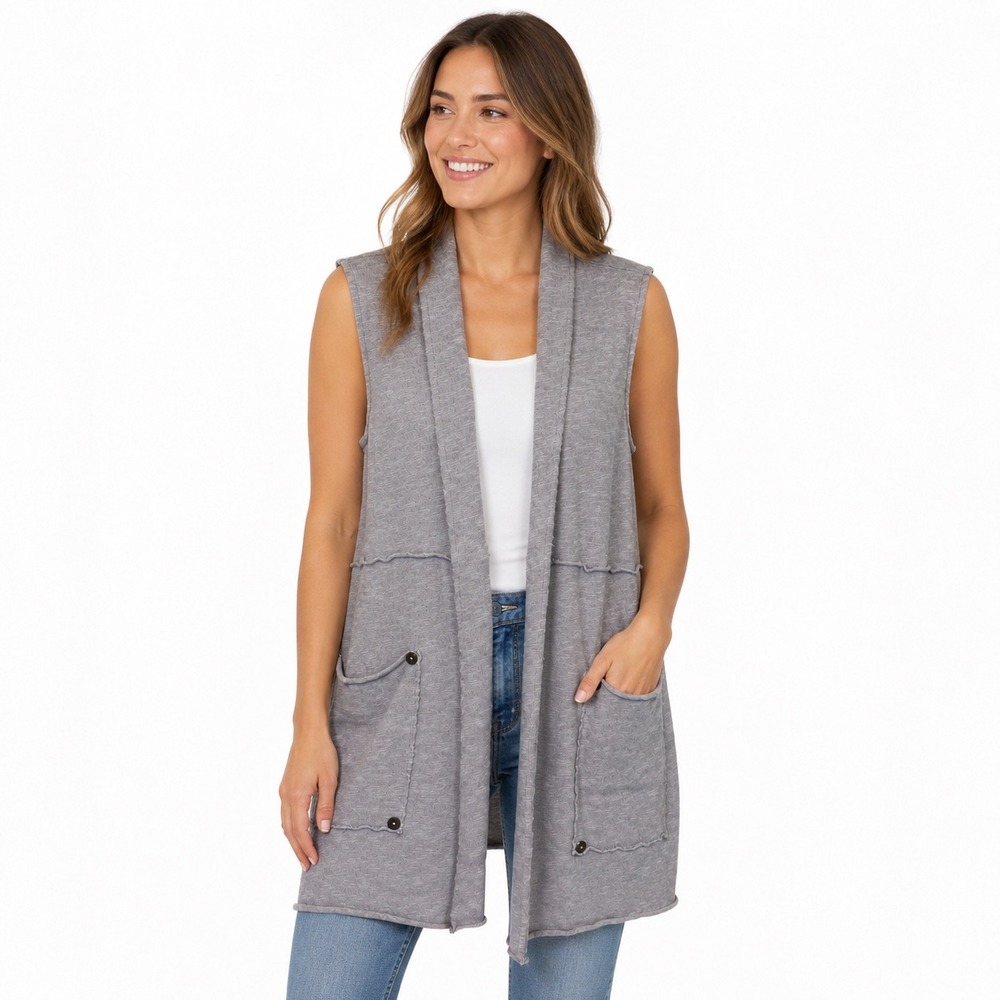 Chalet et Ceci Womens Grey Cotton Slub Knit Long Open Front Pocket Vest T34010 M